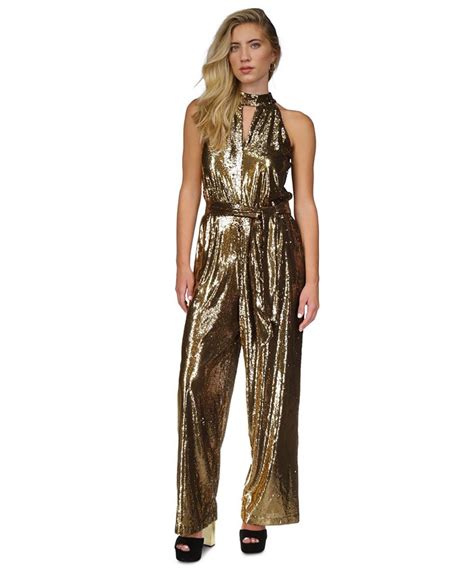 michael michael kors fitted wide-leg jumpsuit|Michael Kors embellished halter jumpsuit.